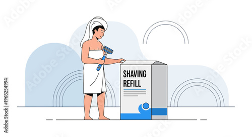 Man with Razor and Shaving Refill Box, After Shower Grooming Illustration