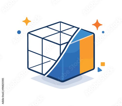 3D artist cube model illustrated as a cube transitioning from wireframe to solid shape, symbolizing progress from concept to form. A clear editorial badge for