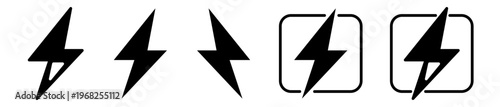 Lightning bolt icon and energy sign in outline and solid styles, energy and power flash symbols for electricity, speed, and charging UI design