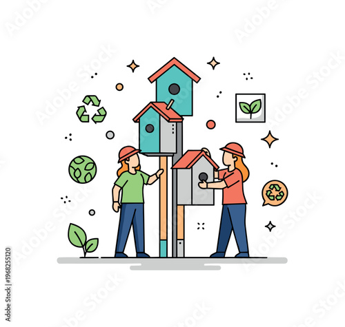 Environmental activism wildlife protection concept where volunteers install birdhouses or habitat supports while tiny sparkle and leaf icons highlight care,