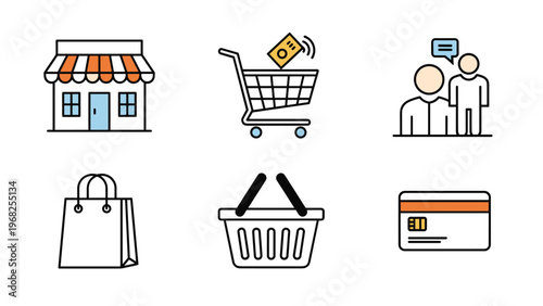 Collection of six colorful shopping and retail icons including a storefront, cart, customer service, shopping bag, basket, and credit card.