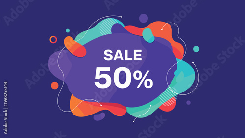 Vibrant abstract sale banner featuring liquid shapes in purple, orange, and teal with white text stating fifty percent off on a dark background.