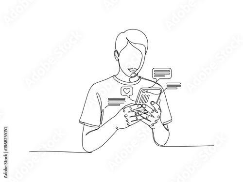 Smartphone Browsing. Minimalistic one-line drawing person holding phone viewing social media content, continuous single black line on white background, simple