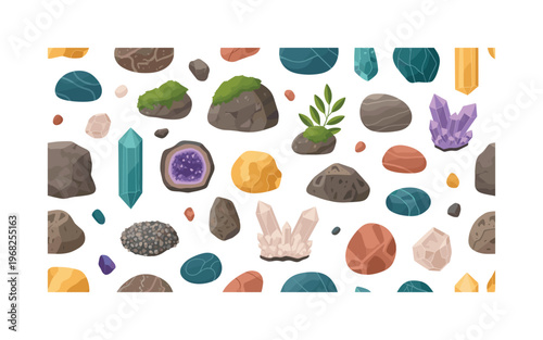 rocky motifs seamless pattern, repeating pattern, surface design, textile print, modern illustration of pebbles, boulders, stones, moss patches, crystals,