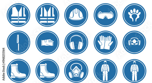 Set of blue circular mandatory personal protective equipment safety signs on isolated white background