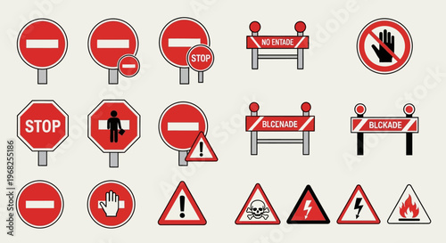 Set of Prohibitory and Stop Signs with Warning Symbols for Construction Blockade, Electricity, and Fire Hazards, in a Bright Studio