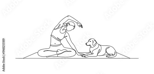 Companion Yoga Practice. Minimalistic one-line drawing person in yoga stretch with dog lying on mat, continuous single black line on white background, simple