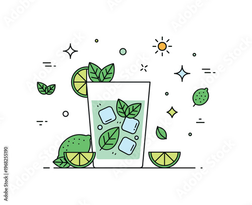 Cocktail mojito drink scene where a glass with mint, lime, and ice sits ready to serve while small sparkle and line icons emphasize freshness, flavor, and