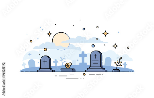 Foggy graveyard moonlit scene where soft moonlight glows through fog over gravestones while small sparkle and star icons emphasize quiet mystery, night