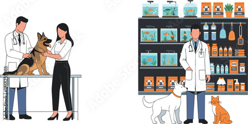Veterinary Clinic and Pet Care Illustration Featuring Veterinarians Examining Dog with Pet Shop Supplies, Cats, Dogs, and Animal Healthcare Services Scene