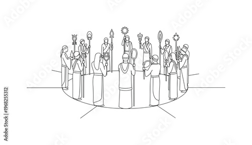Ceremonial Gathering. Minimalistic one-line drawing individuals holding staffs and symbols in ritual circle, continuous single black line on white background,