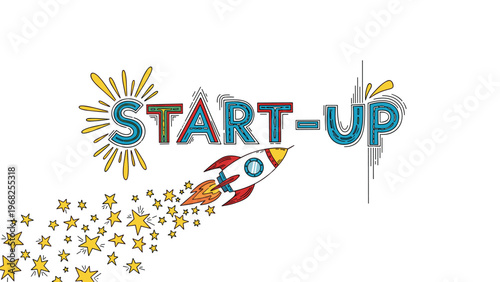 Creative business concept featuring the text start-up decorated with a colorful flying rocket leaving a trail of bright yellow stars.
