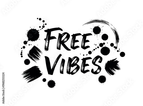 Free Vibes. lettering and all elements in black. Vector style. AWhite background. Pure white background. Perfect isolation and visual consistency. Grunge