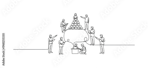 Community Innovation. Minimalistic one-line drawing multiple people contributing to single concept or idea, continuous single black line on white background,