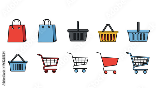 Diverse collection of ten colorful shopping icons featuring various designs of retail bags, handheld baskets, and wheeled grocery carts.