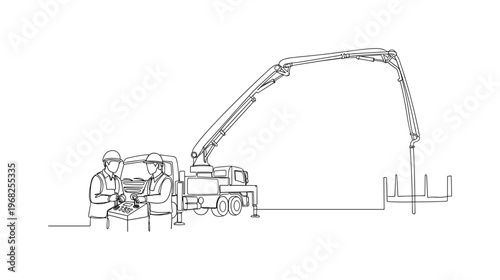 Construction Pumping. Minimalistic one-line drawing operators controlling concrete pump arm, continuous single black line on white background, simple outline
