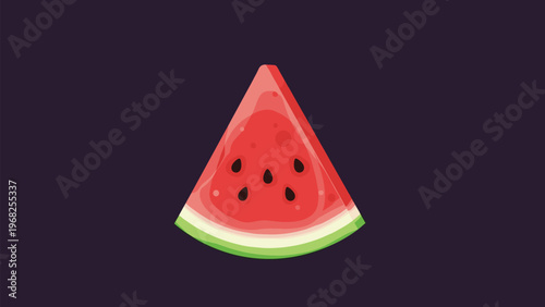 Bright red slice of juicy watermelon with dark seeds and a green rind presented in a flat vector style against a dark purple background.