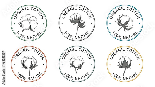 Collection of six circular botanical labels for organic cotton featuring different sketches of cotton bolls and varying border colors.