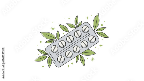 Conceptual illustration of natural medicine showing a silver blister pack of white pills surrounded by fresh green leaves and small stars.