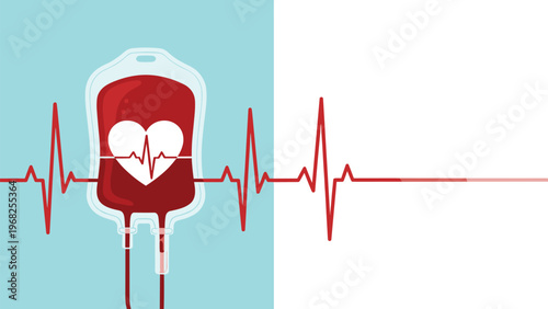 Healthcare and blood donation awareness illustration featuring a full bag of blood with a heart icon and a continuous red pulse line.
