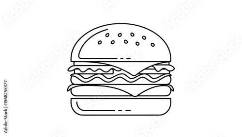 Simple black and white line art illustration of a delicious layered hamburger featuring a sesame bun, cheese, lettuce, and a meat patty.