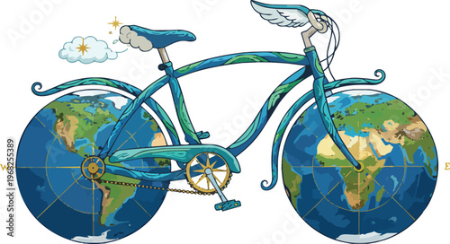 Bicycle with Wheels Replaced by Northern and Southern Hemisphere World Maps Representing Global Travel Sustainability and Earthly Exploration Adventure Isolated