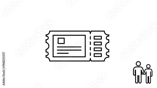 Simple black and white line art illustration of a perforated ticket stub with a small icon of a family holding hands in the bottom corner.