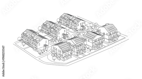 Eco Residential Building. Minimalistic one-line drawing housing complex with solar panels and green spaces, continuous single black line on white background,