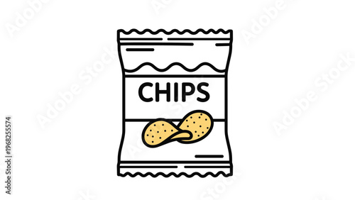 Simple line art illustration of a snack bag of potato chips with two yellow chips shown in front on a plain white background.