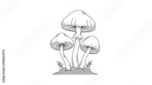 Detailed hand drawn sketch of a group of three mushrooms growing on a soil mound isolated on a white background for nature projects.