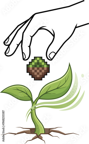 Concept of Digital Innovation and Future Growth Showing Human Hand Planting a Pixelated Virtual Seed that Materializes into a Real Green Sprout Representing Online Investment Tech Solutions AgTech and