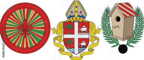 Heraldic Emblems and Decorative Symbols Collection Featuring Fleur De Lis Circular Badge, Royal Coat of Arms Shield, and Birdhouse Icon Illustration Set