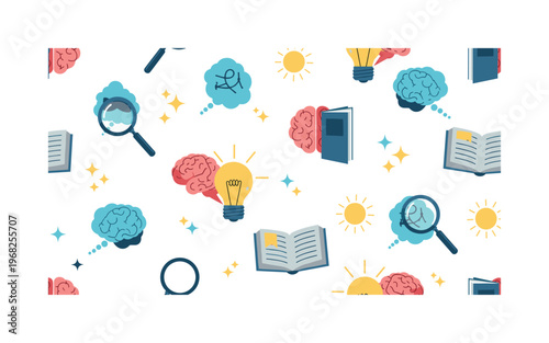 insightful moments patterns seamless pattern, repeating pattern, surface design, textile print, modern illustration of light bulbs, thought bubbles, open