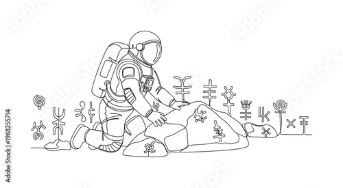 Alien History Exploration. Minimalistic one-line drawing astronaut uncovering alien symbols on rocks, continuous single black line on white background, simple