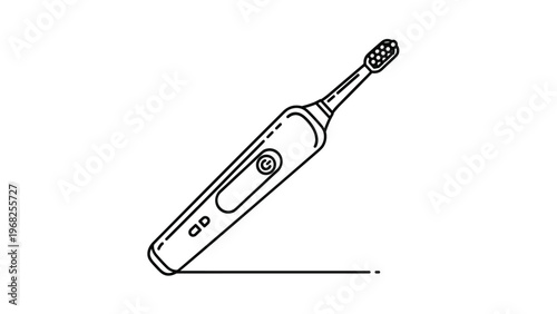 Minimalist line art illustration of an electric toothbrush showing buttons and brush head on a clean white background for hygiene concepts.