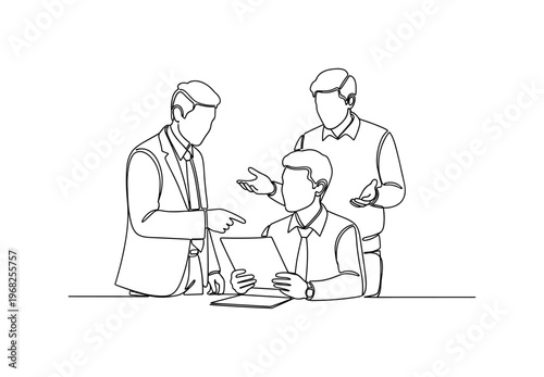 Office Collaboration. Minimalistic one-line drawing colleagues discussing documents and ideas together, continuous single black line on white background,