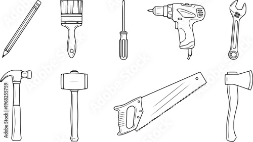 Collection of Hand Drawn Tools Including Hammer Screwdriver Drill Saw Axe and Wrench