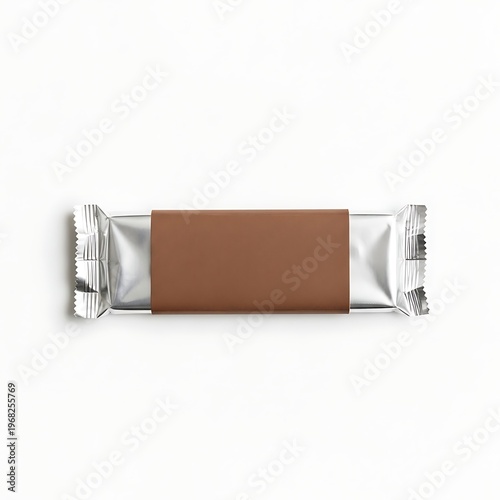 A brown and silver chocolate bar on a white background