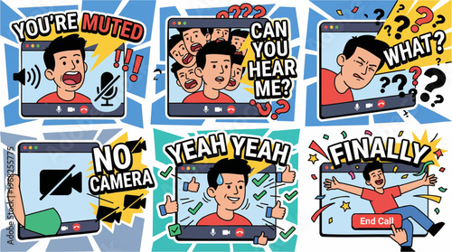 Online meeting cartoon sticker set flat vector featuring video call struggle you're muted can you hear me what question no camera technical issues yeah yeah and end call finally celebration
