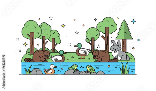 Forest animals streamside woodland scene where beavers, ducks, and frogs gather by the water while tiny sparkle and star icons highlight habitat diversity,