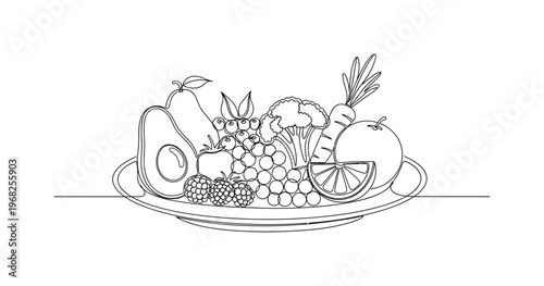 Wholesome Plate. Minimalistic one-line drawing variety of fruits and vegetables arranged neatly on dish, continuous single black line on white background,
