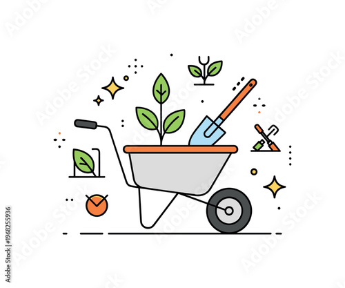 Cart garden utility concept where a wheelbarrow-style cart carries plants or tools while small sparkle and leaf icons emphasize gardening, work, and practical