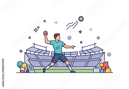 Throwing a ball professional sports throw concept where an athlete throws a ball in a stadium while tiny sparkle and star icons highlight power, skill, and