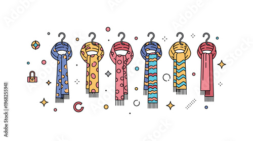 Scarves and shawls fashion accessory display concept where scarves hang from hooks in various patterns while tiny sparkle and star icons highlight variety,