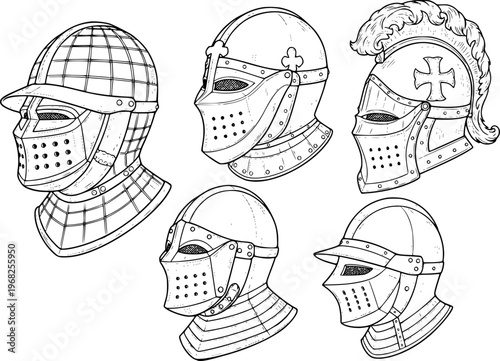 Collection of Vintage Knight Helmets Medieval Armor Head Protection