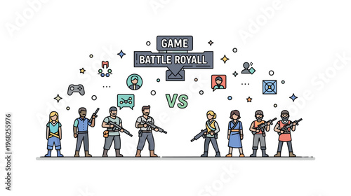 Game characters battle royale concept where diverse characters prepare for competition while tiny sparkle and star icons highlight teamwork, strategy, and