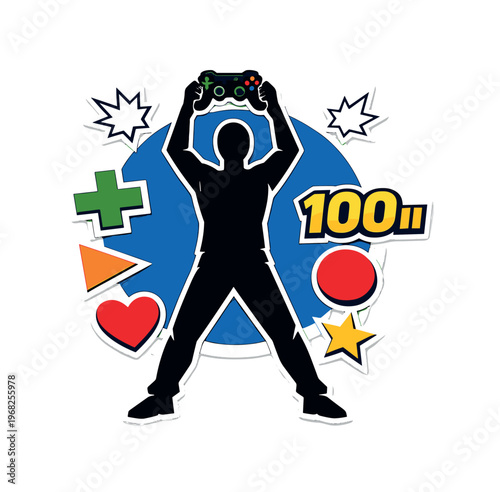 Comic gaming victory moment, faceless human silhouette standing in a power pose holding a game controller overhead, oversized blue circle behind the body,