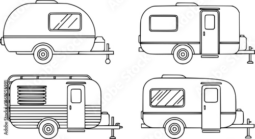 Collection of vintage travel trailer line white background caravan camper
