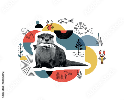 otter with fish geometric circles semicircles and abstract food icons realistic black and white otter holding fish caught from river with white cut-out outline