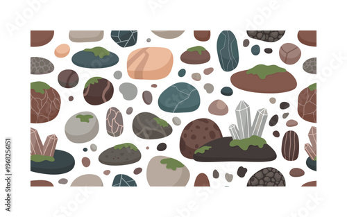 stone textures motifs seamless pattern, repeating pattern, surface design, textile print, modern illustration of stones, pebbles, boulders, moss patches,